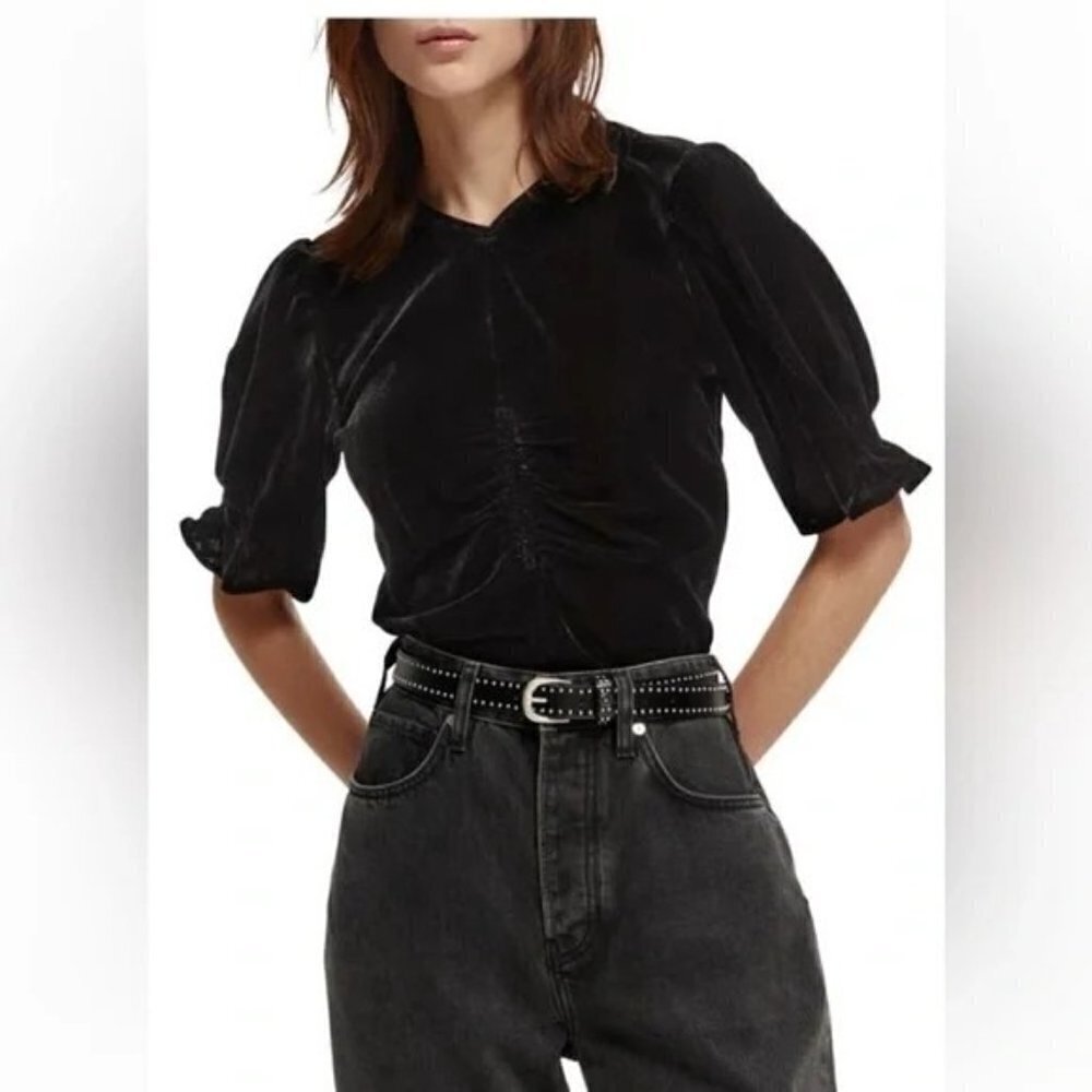 Scotch & Soda Women's Velvet Ruched Black Top Black Size L NWT